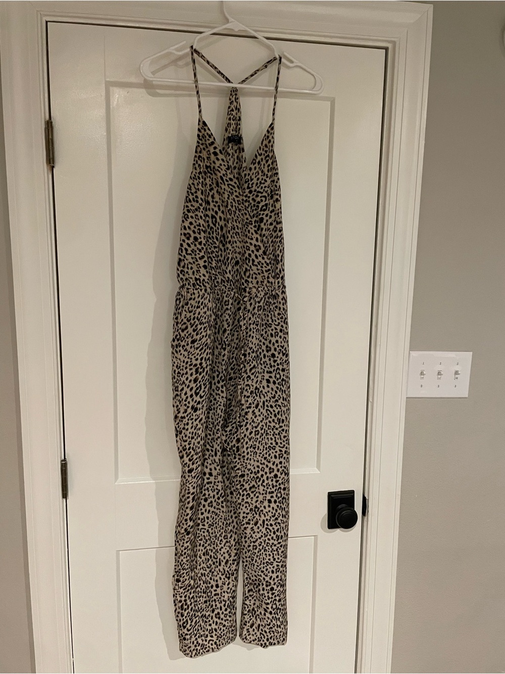 Storia Beige and Black Leopard Print Strappy Jumpsuit